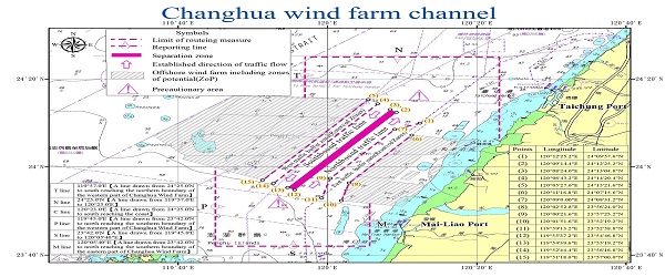 Hướng di chuyển bằng thuyền cho kênh dẫn đến trang trại điện gió Changhua.